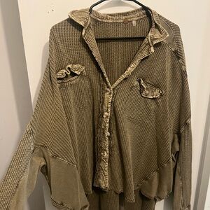 Free people Textured Olive Green Button-Up Shirt